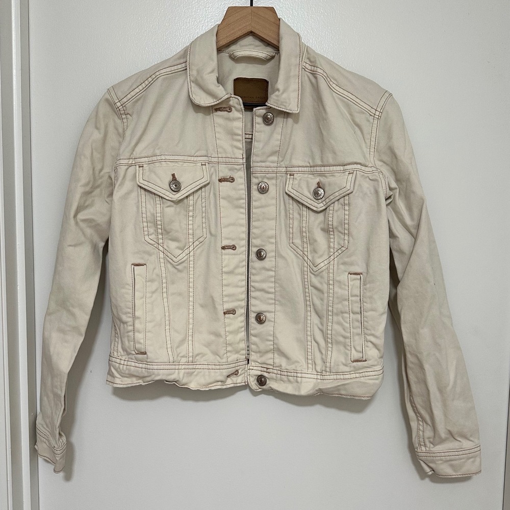 American Eagle | Women's Neutral Cream Denim Short Trucker Jacket, Size XS